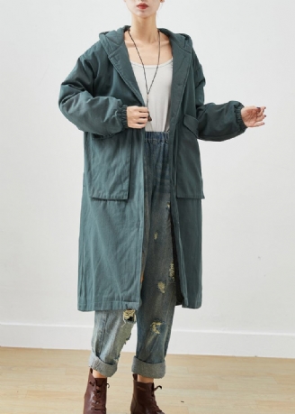 Mode Blackish Green Hættelommer Tykke Varm Fleece Trench Fall