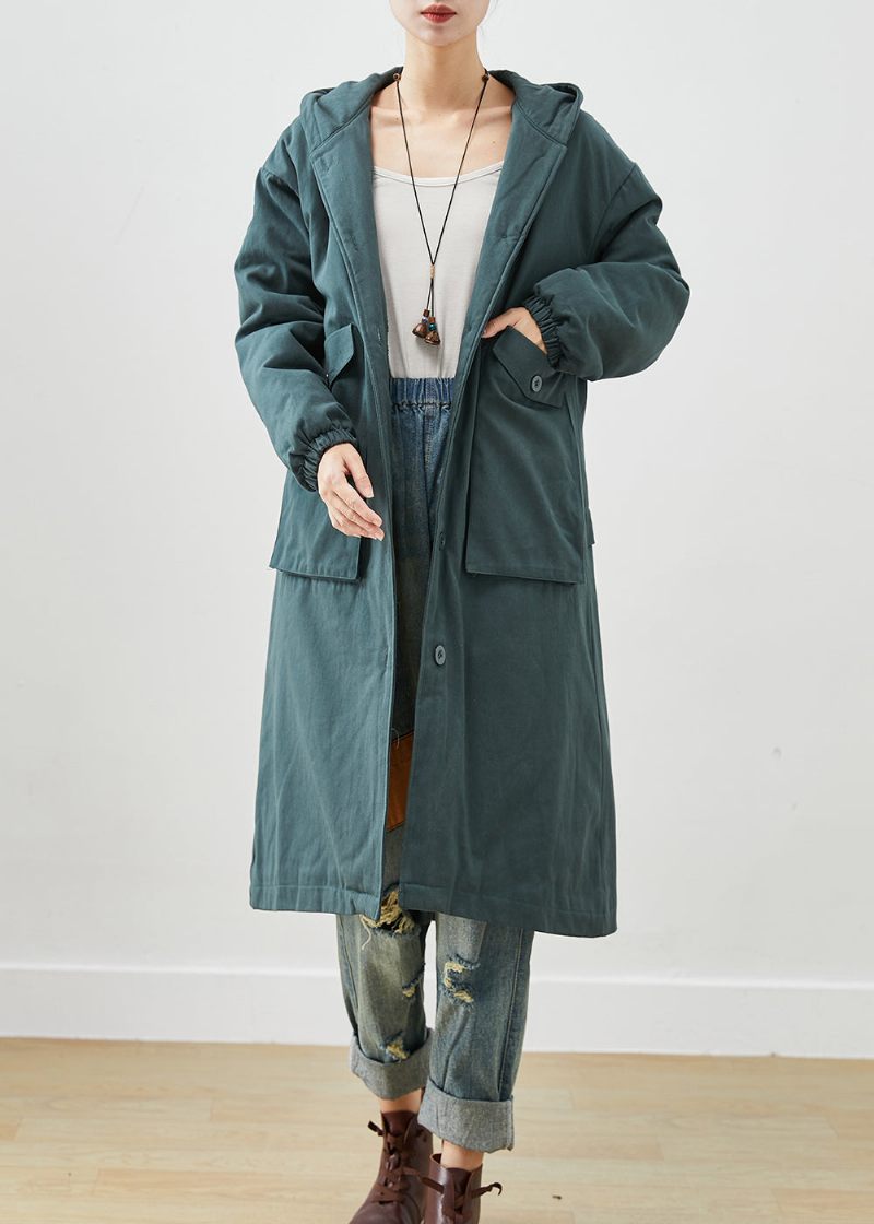 Mode Blackish Green Hættelommer Tykke Varm Fleece Trench Fall - Dame trenchcoats