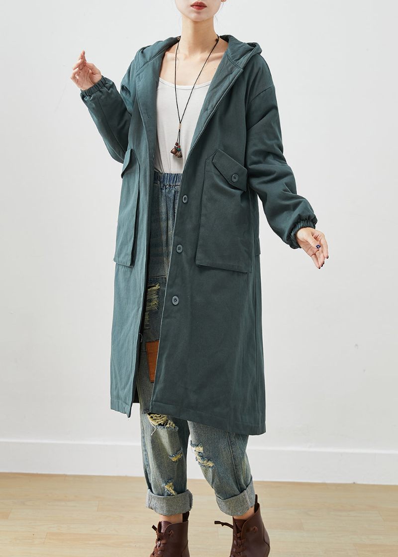 Mode Blackish Green Hættelommer Tykke Varm Fleece Trench Fall - Dame trenchcoats