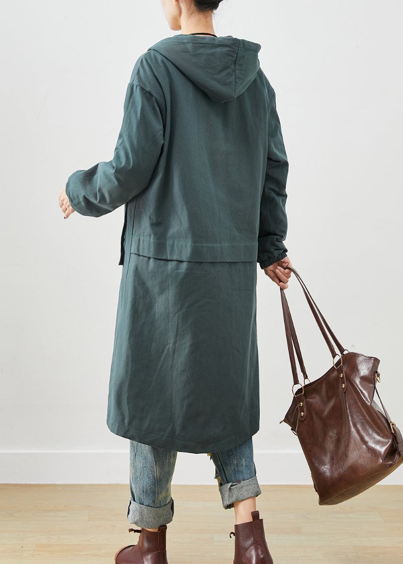 Mode Blackish Green Hættelommer Tykke Varm Fleece Trench Fall - Dame trenchcoats