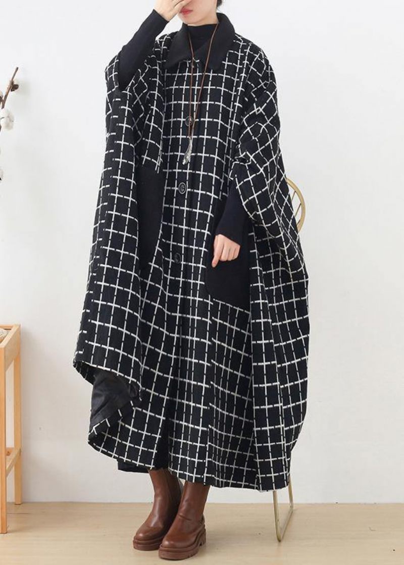 Mode Casual Maxi Frakke Outwear Sort Hvid Plaid Revers Lommer Woolen Coats