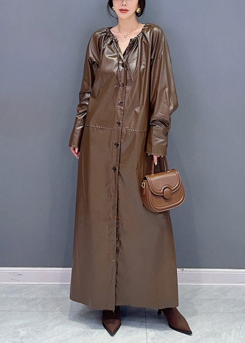 Mode Kaffe Snøre Tie Talje Kunstlæder Lang Trench Coat Fall - Dame trenchcoats