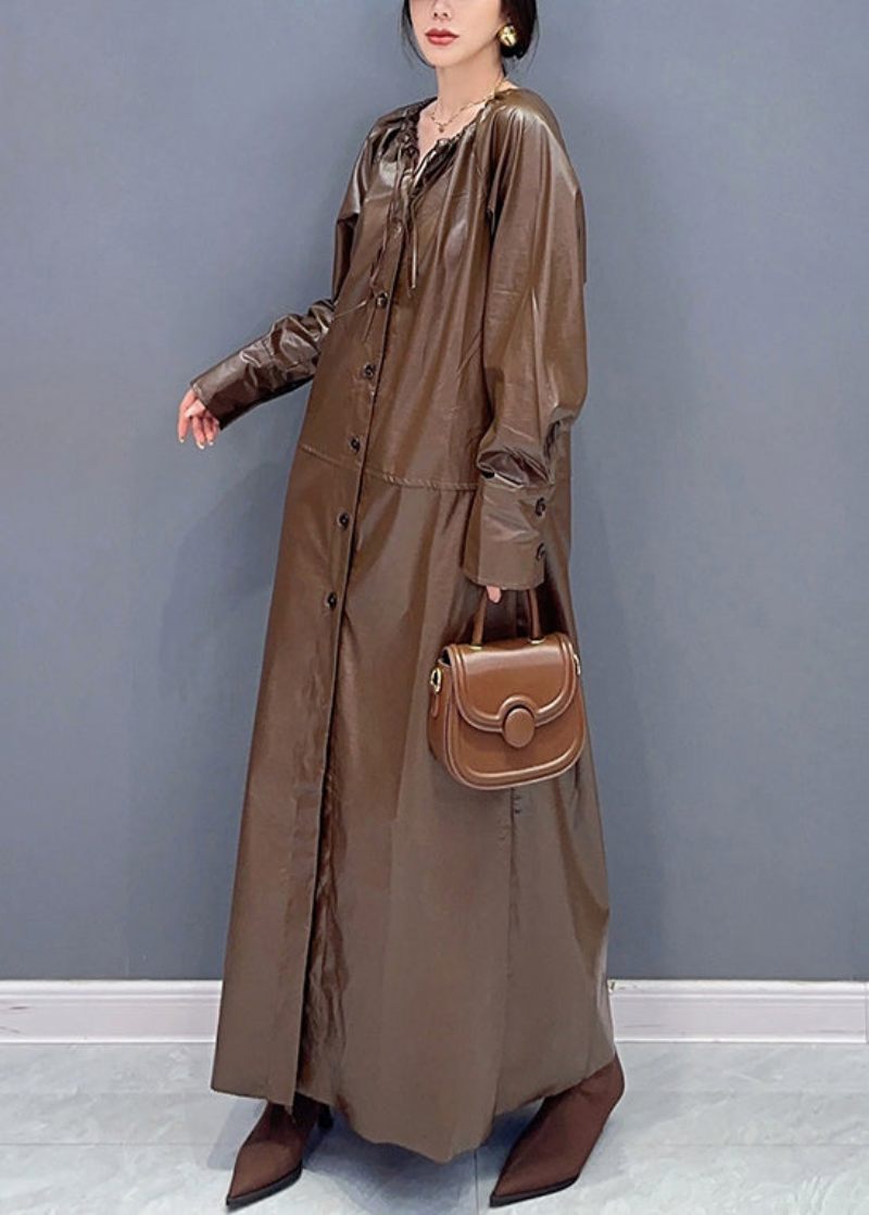 Mode Kaffe Snøre Tie Talje Kunstlæder Lang Trench Coat Fall - Dame trenchcoats