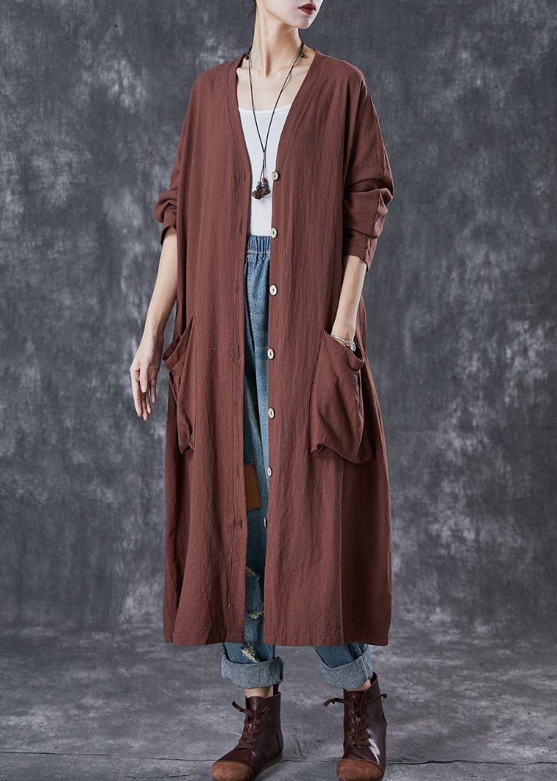 Moderne Chokolade Overdimensionerede Lommer Linned Trench Spring - Dame trenchcoats