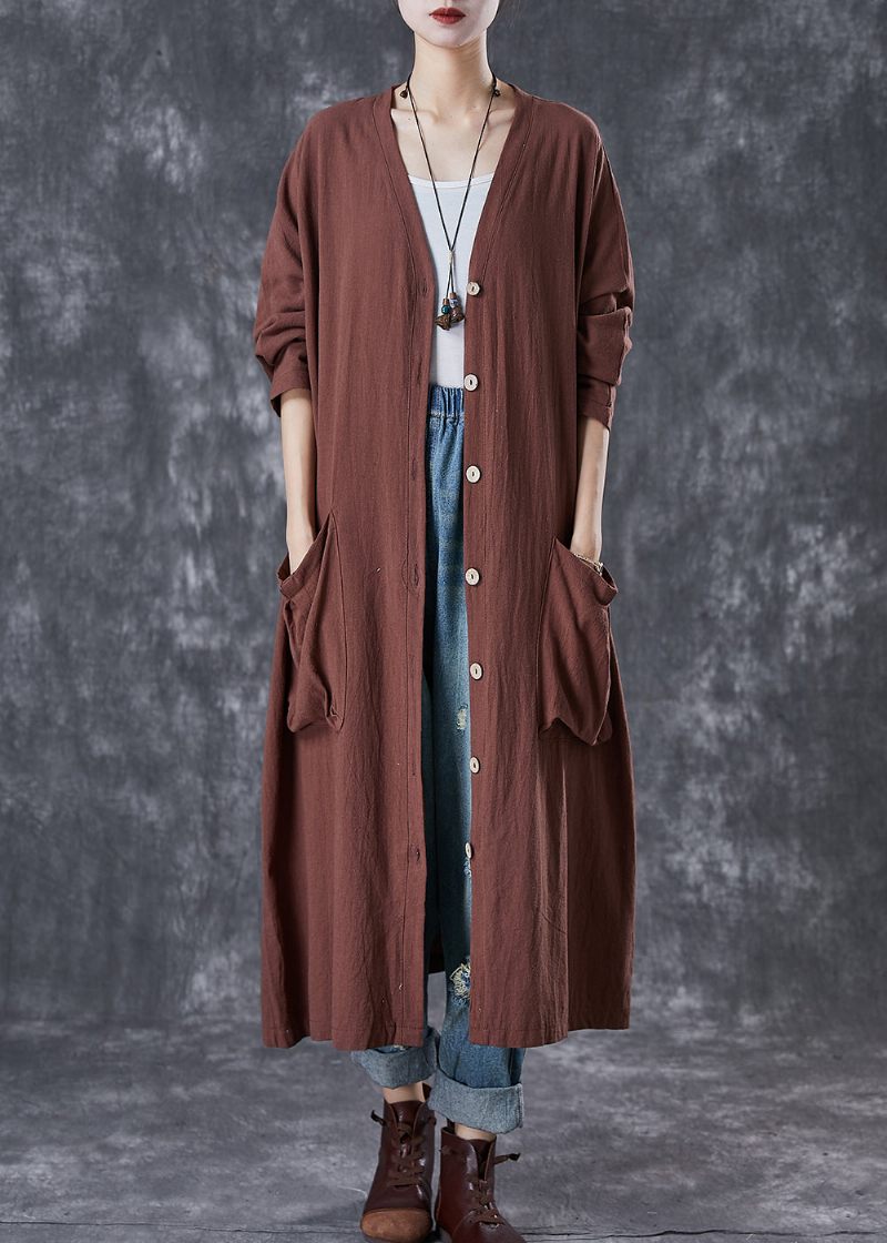 Moderne Chokolade Overdimensionerede Lommer Linned Trench Spring - Dame trenchcoats