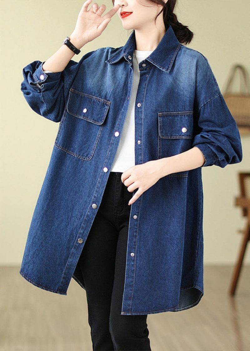 Moderne Denim Blå Oversized Lommer Bomuld Frakke Spring