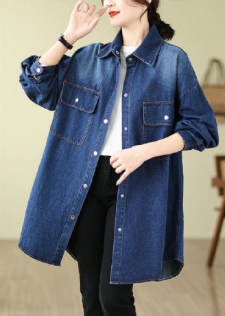 Moderne Denim Blå Oversized Lommer Bomuld Frakke Spring