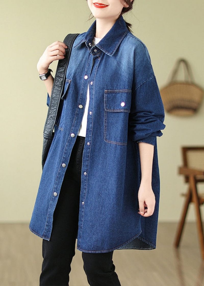 Moderne Denim Blå Oversized Lommer Bomuld Frakke Spring - Dame trenchcoats