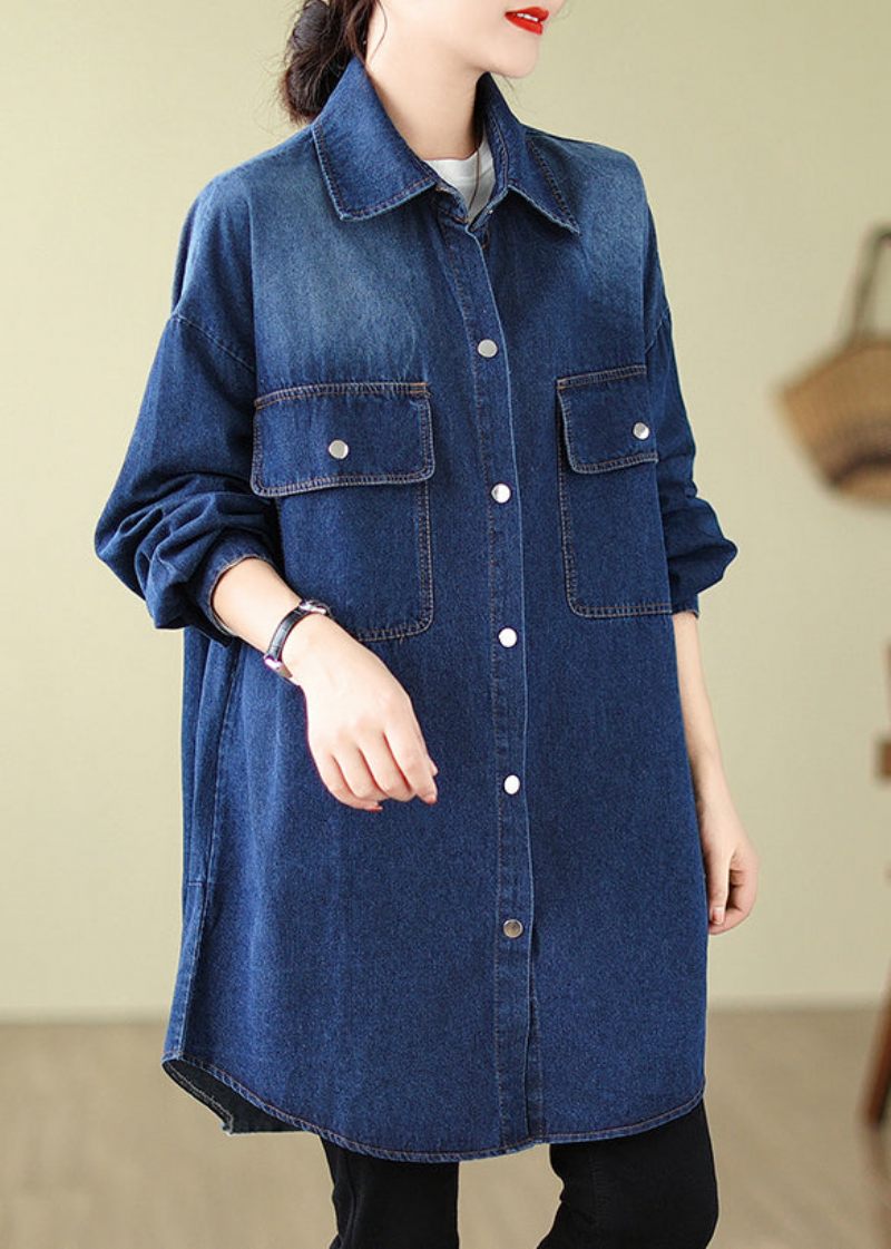 Moderne Denim Blå Oversized Lommer Bomuld Frakke Spring - Dame trenchcoats