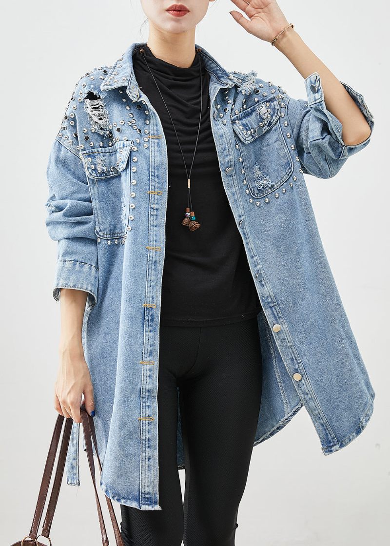 Moderne Denim Blue Rivet Bomuld Ripped Coats Fall