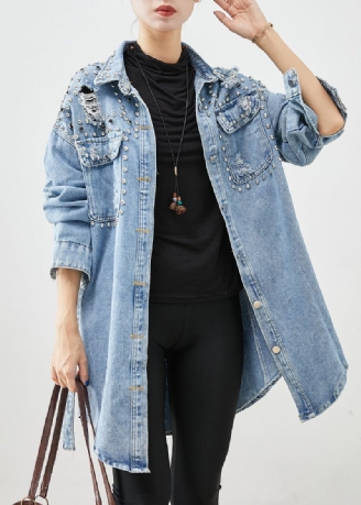 Moderne Denim Blue Rivet Bomuld Ripped Coats Fall