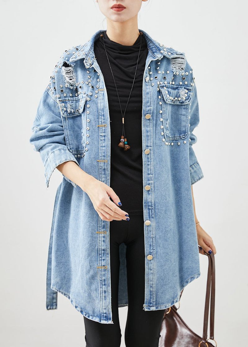 Moderne Denim Blue Rivet Bomuld Ripped Coats Fall - Dame trenchcoats