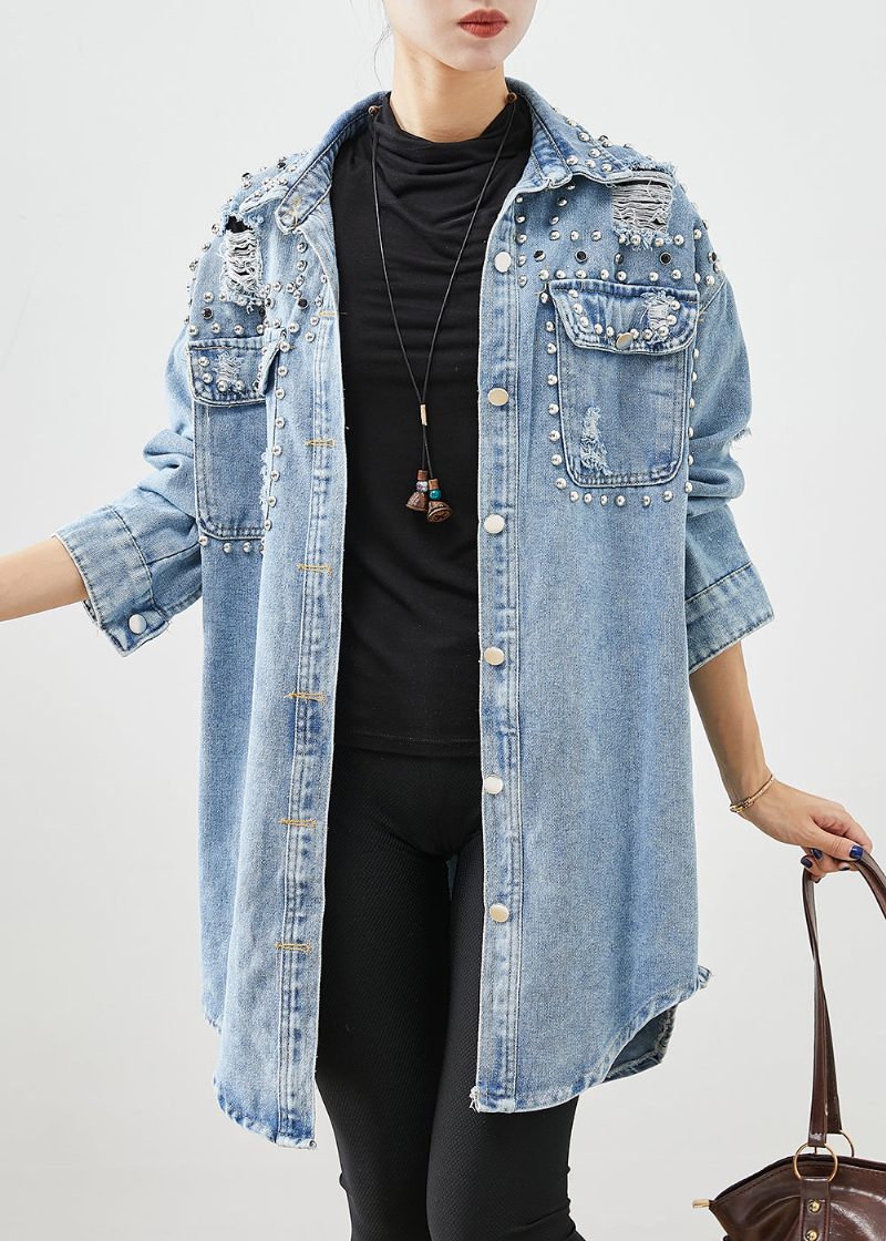 Moderne Denim Blue Rivet Bomuld Ripped Coats Fall - Dame trenchcoats