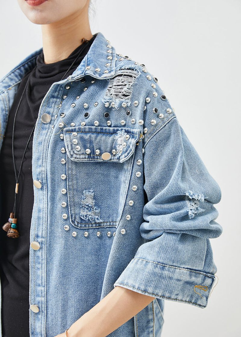 Moderne Denim Blue Rivet Bomuld Ripped Coats Fall - Dame trenchcoats