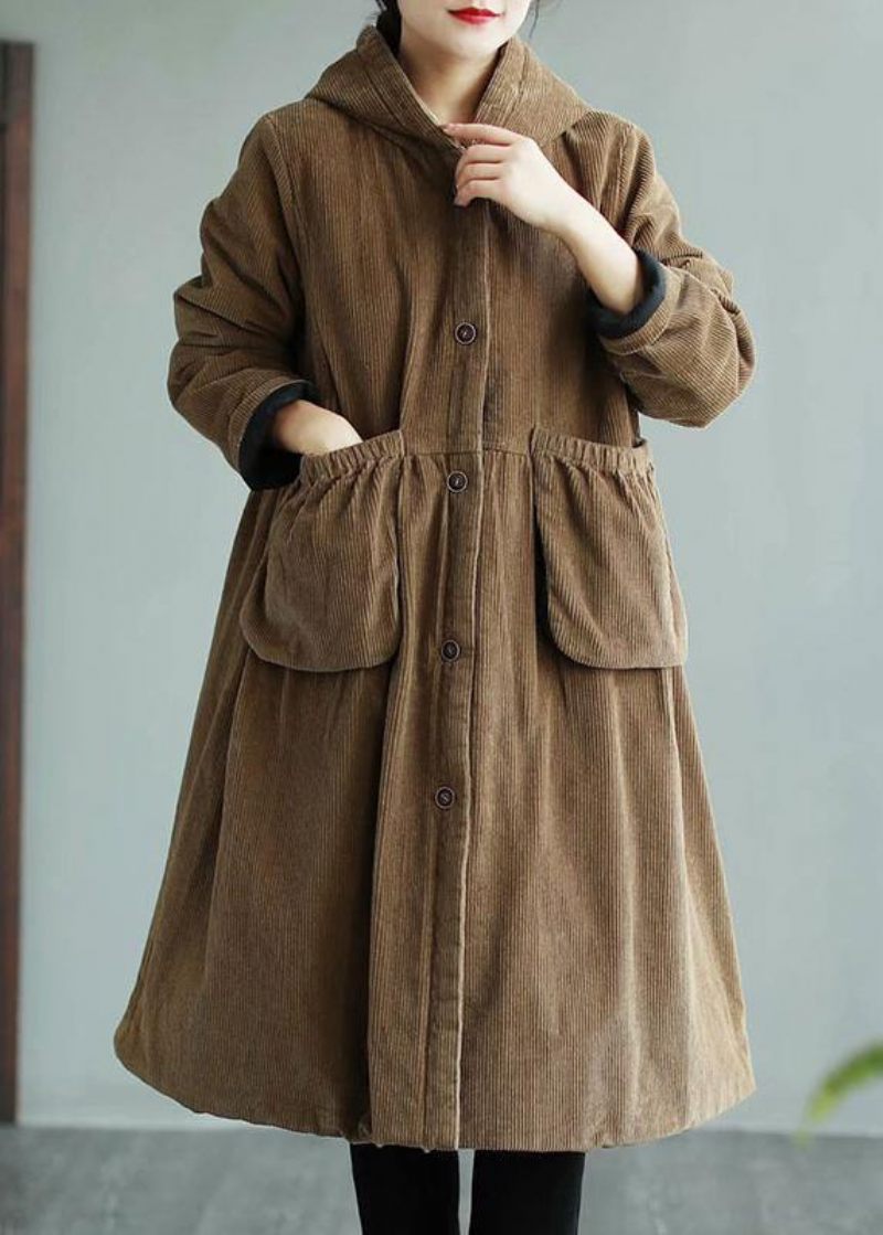 Moderne Hættelommer Fashion Maxi Coat Khaki Daily Outwear