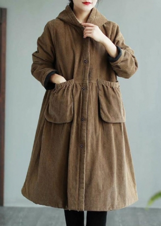 Moderne Hættelommer Fashion Maxi Coat Khaki Daily Outwear