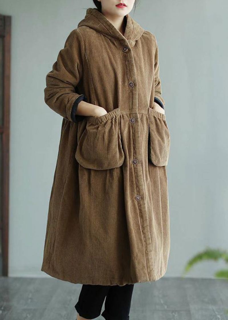 Moderne Hættelommer Fashion Maxi Coat Khaki Daily Outwear - Khaki