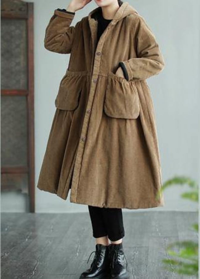 Moderne Hættelommer Fashion Maxi Coat Khaki Daily Outwear - Khaki