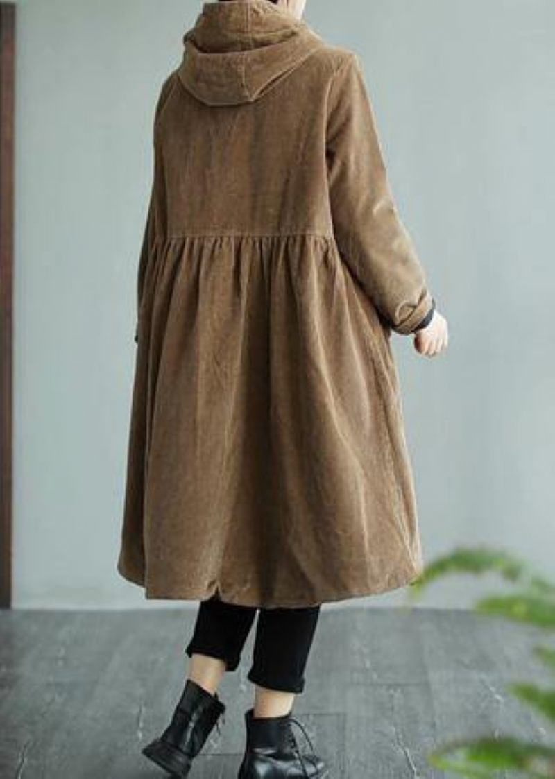 Moderne Hættelommer Fashion Maxi Coat Khaki Daily Outwear - Khaki