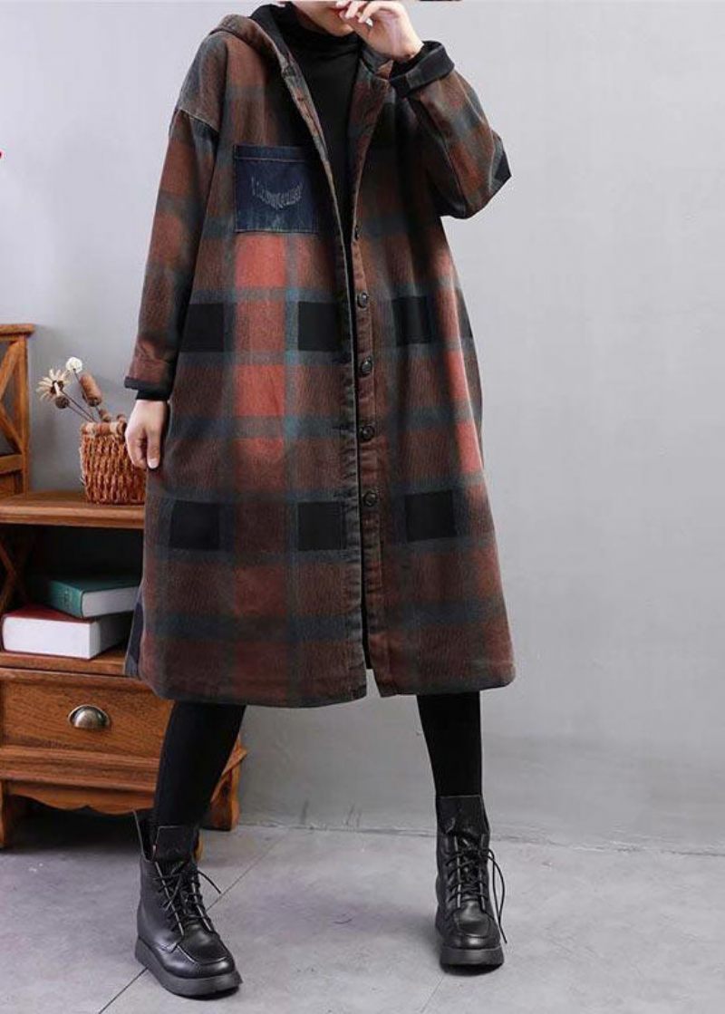 Moderne Khaki Hooded Plaid Fin Bomuld Fyldt Trench Winter