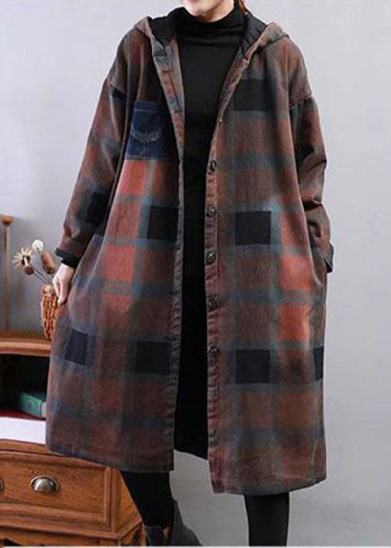 Moderne Khaki Hooded Plaid Fin Bomuld Fyldt Trench Winter - Dame trenchcoats