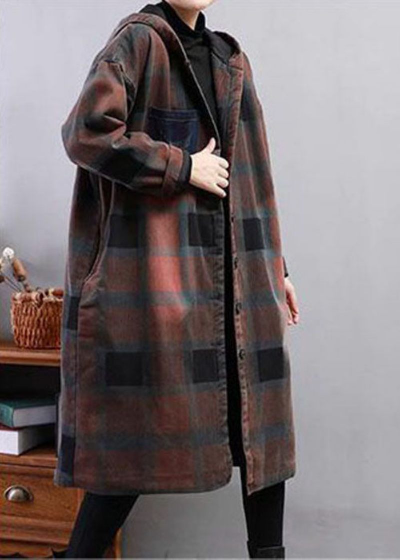 Moderne Khaki Hooded Plaid Fin Bomuld Fyldt Trench Winter - Dame trenchcoats