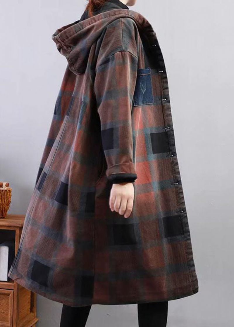 Moderne Khaki Hooded Plaid Fin Bomuld Fyldt Trench Winter - Dame trenchcoats