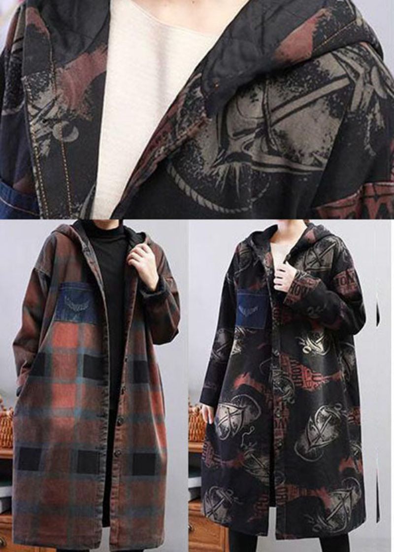 Moderne Khaki Hooded Plaid Fin Bomuld Fyldt Trench Winter - Dame trenchcoats