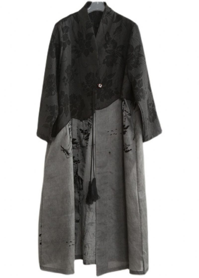 Moderne Mørkegrå Lommer Patchwork 2024 Bomuld Trench Coat Spring - Dame trenchcoats