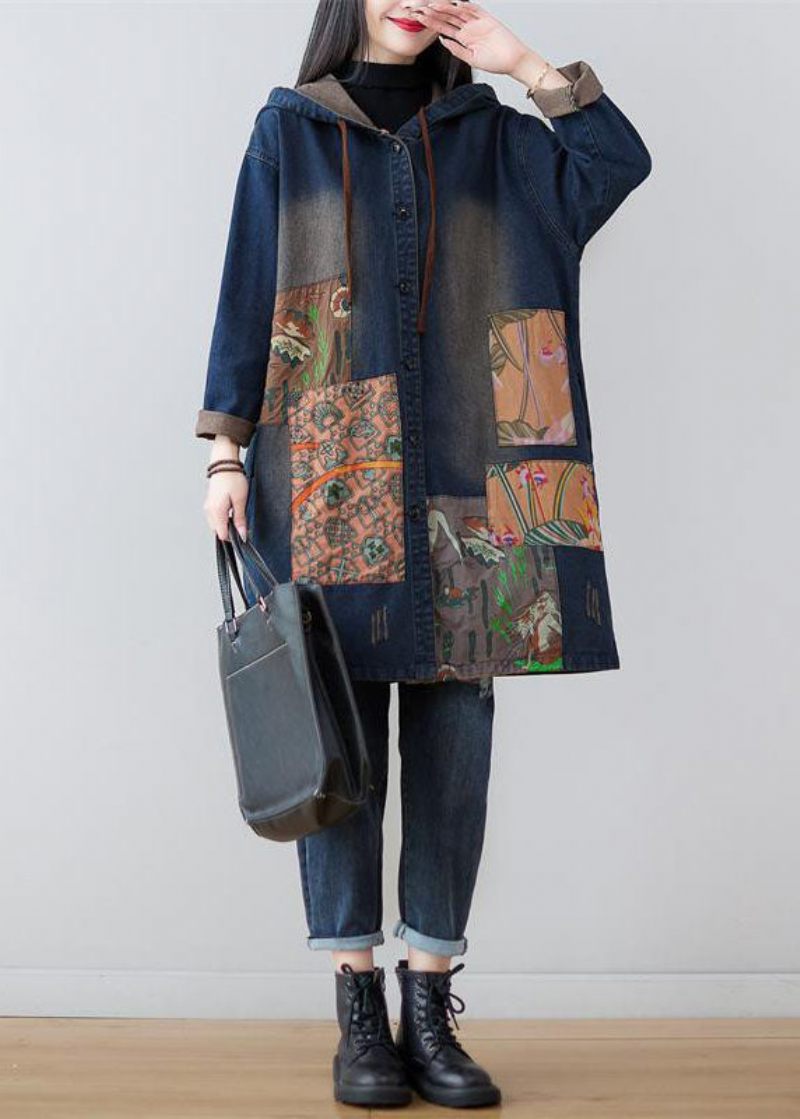 Moderne Navy Hætte Patchwork Print Denim Frakker Forår