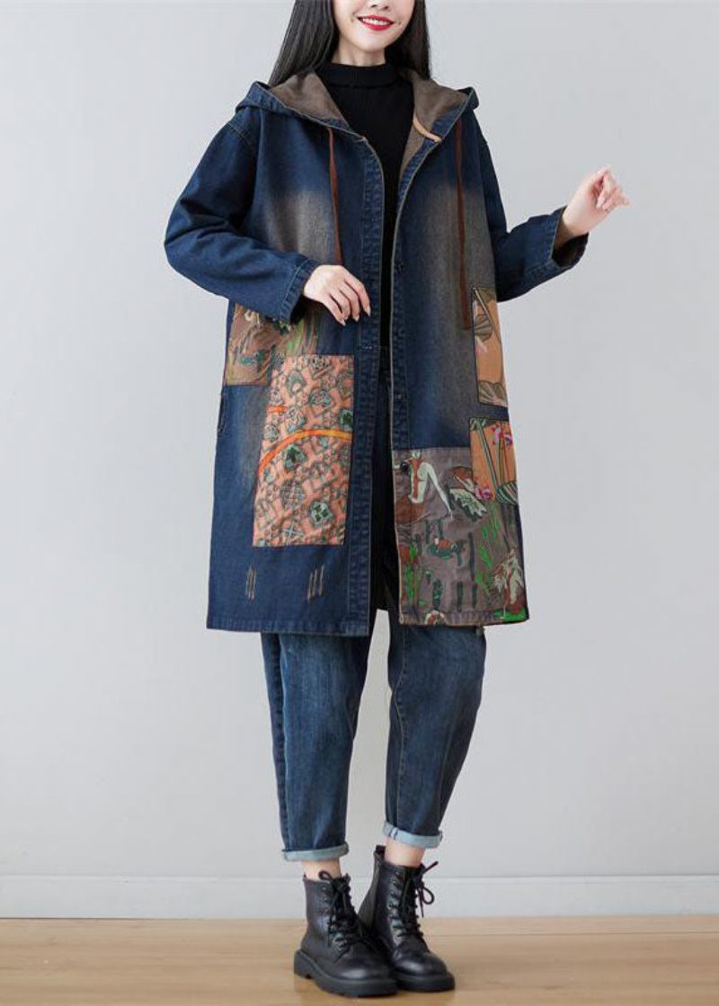 Moderne Navy Hætte Patchwork Print Denim Frakker Forår - Dame trenchcoats