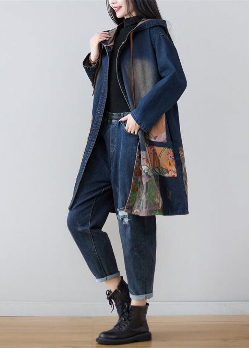 Moderne Navy Hætte Patchwork Print Denim Frakker Forår - Dame trenchcoats