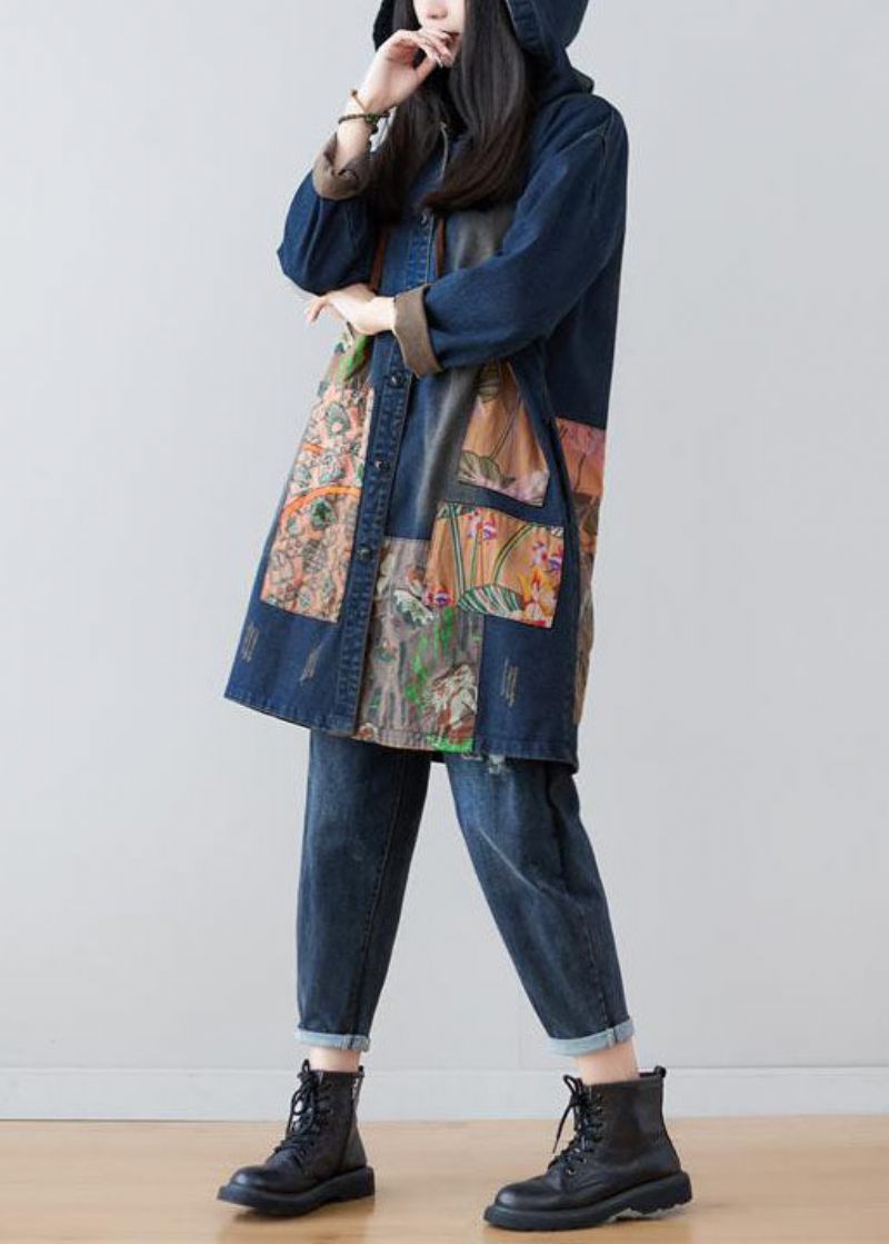 Moderne Navy Hætte Patchwork Print Denim Frakker Forår - Dame trenchcoats