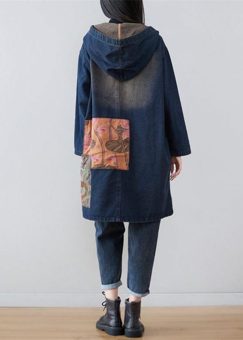 Moderne Navy Hætte Patchwork Print Denim Frakker Forår - Dame trenchcoats