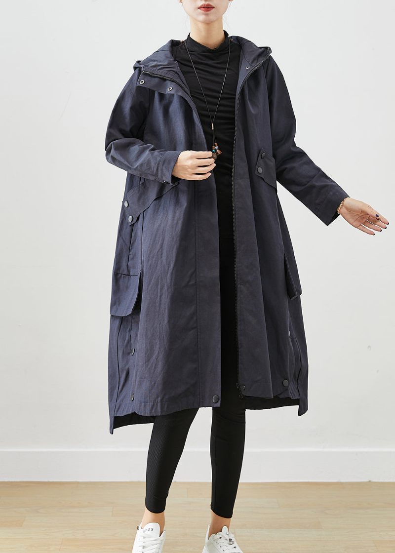 Moderne Navy Oversized Patchwork Lommer Bomuld Frakke Outwear Efterår