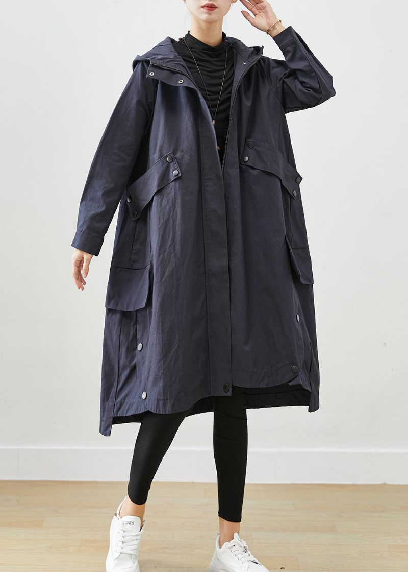 Moderne Navy Oversized Patchwork Lommer Bomuld Frakke Outwear Efterår - Dame trenchcoats