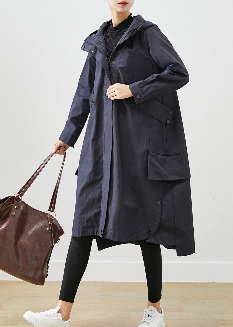 Moderne Navy Oversized Patchwork Lommer Bomuld Frakke Outwear Efterår - Dame trenchcoats