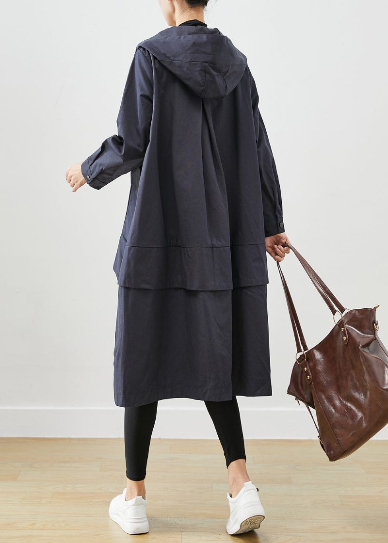 Moderne Navy Oversized Patchwork Lommer Bomuld Frakke Outwear Efterår - Dame trenchcoats