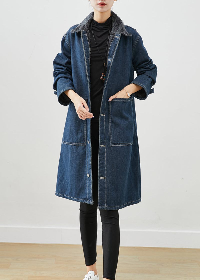 Moderne Navy Peter Pan Kravelommer Varm Fleece Denim Frakker Vinter - Dame trenchcoats