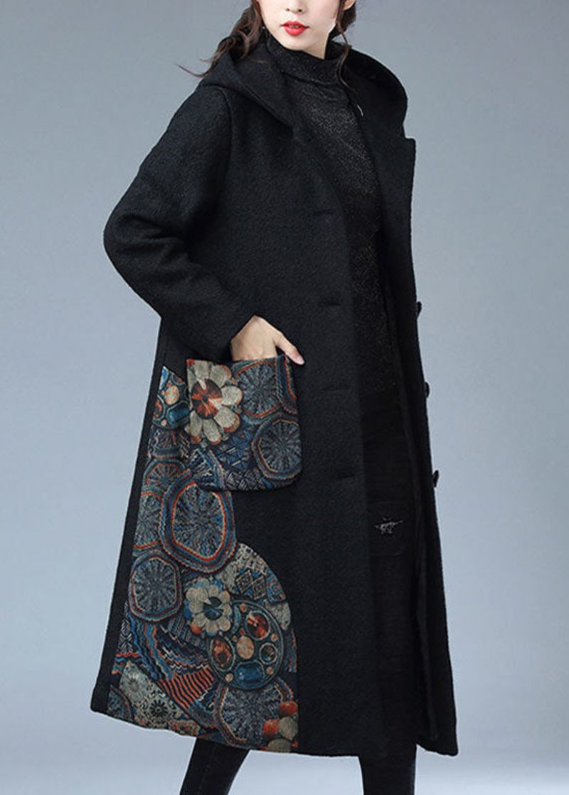 Moderne Sort Hætteprint Varm Fleece Uld Trenchcoat Vinter - Dame trenchcoats