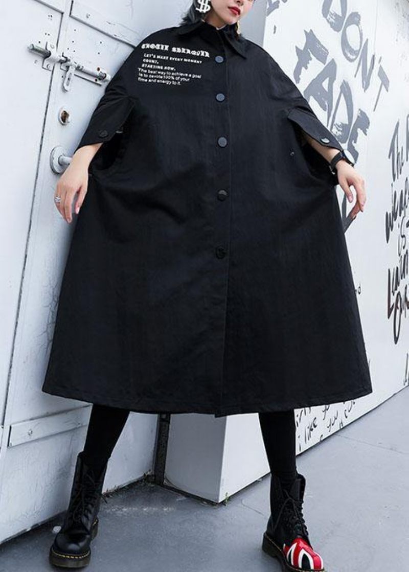 Moderne Sort Plus Size Lange Frakker Design Kappe Efterårsfrakke - Dame trenchcoats