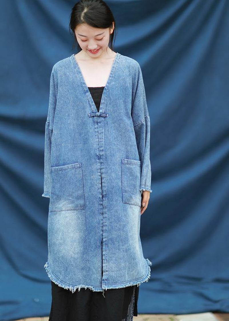 Moderne V-hals Quilting Kjoler Denim Blå Broderi Kjole - Dame trenchcoats