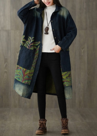 Monteret Navy Peter Pan Krave Lommer Print Denim Trench Spring