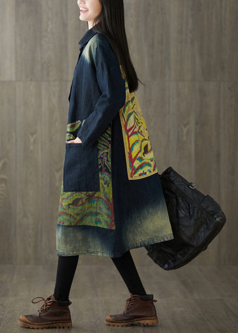 Monteret Navy Peter Pan Krave Lommer Print Denim Trench Spring - Dame trenchcoats