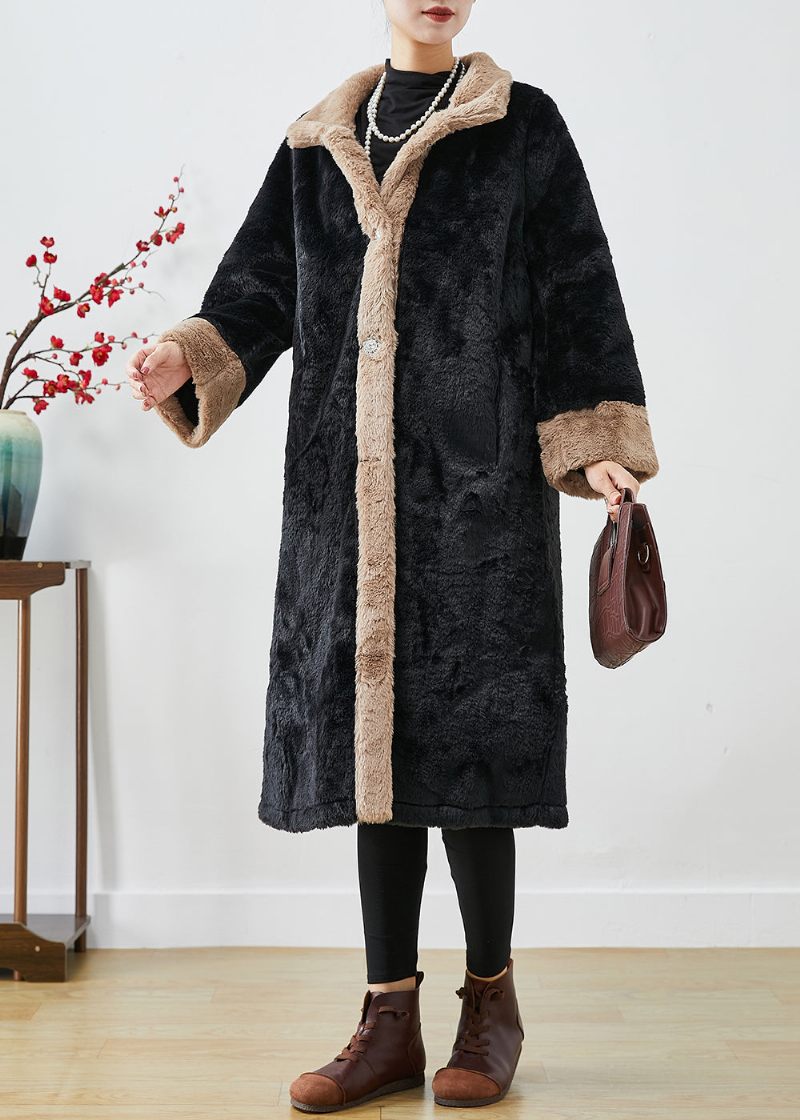 Monteret Sort Overstørrelse Patchwork Tyk Fuzzy Pels Fluffy Jakke Fall - Dame trenchcoats