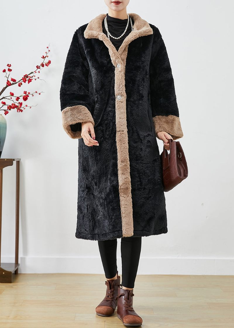 Monteret Sort Overstørrelse Patchwork Tyk Fuzzy Pels Fluffy Jakke Fall - Dame trenchcoats