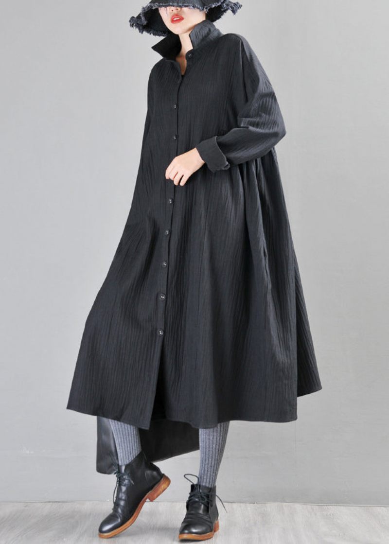 Monteret Sort Peter Pan Krave Patchwork Knap Linned Trench Coats Lange Ærmer - Dame trenchcoats