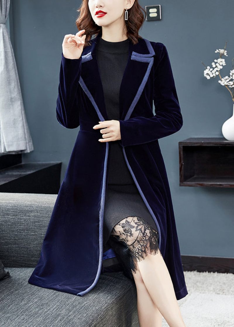 Naturlig Navy Peter Pan Krave Knap Patchwork Velour Trench Coat Fall - Dame trenchcoats