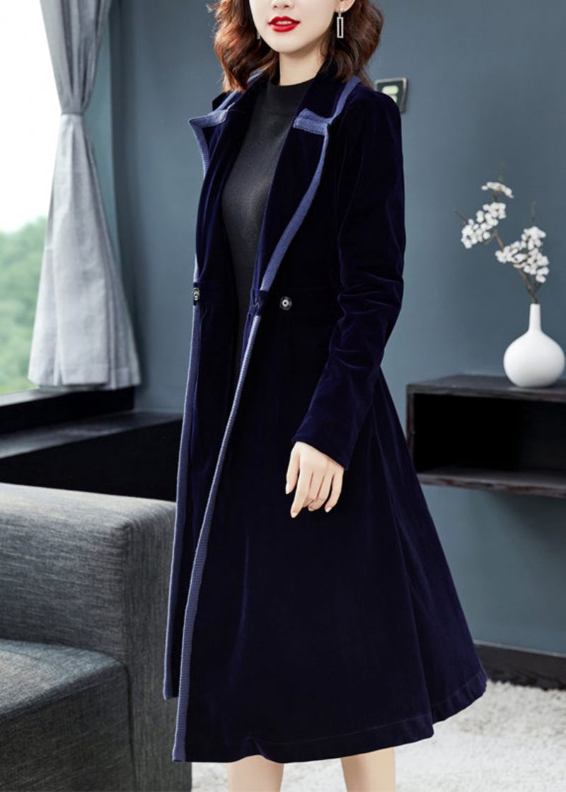 Naturlig Navy Peter Pan Krave Knap Patchwork Velour Trench Coat Fall - Dame trenchcoats