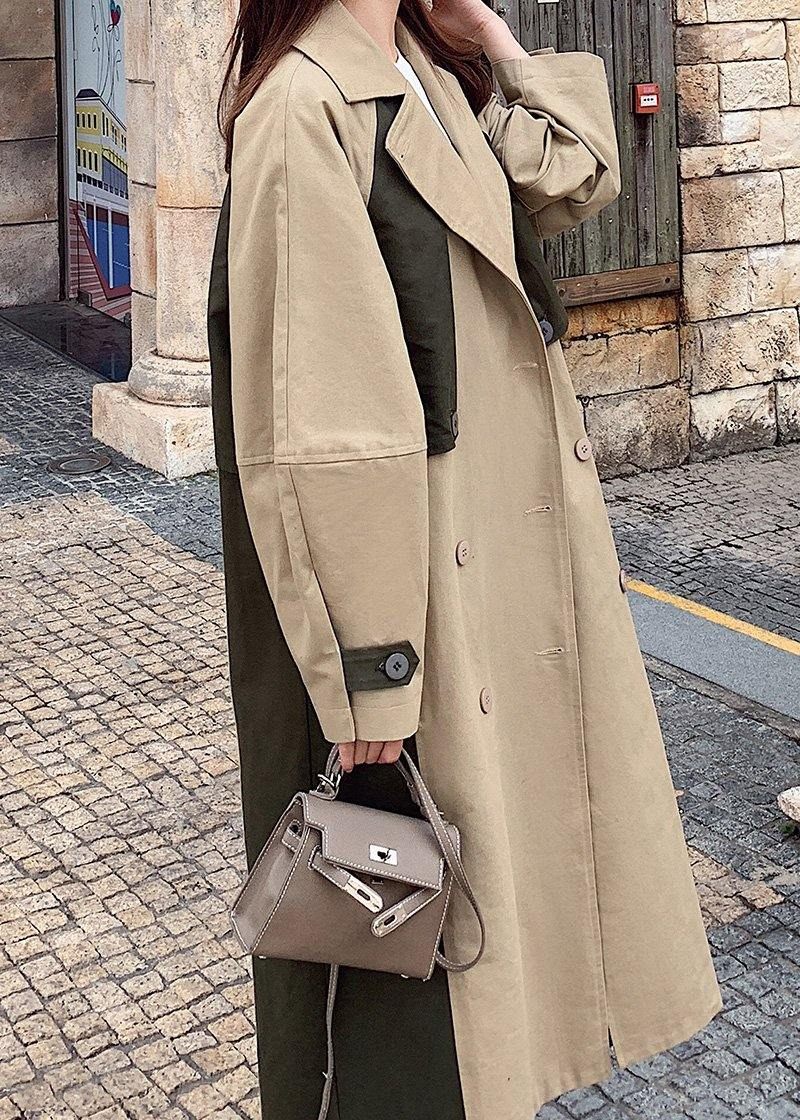 Naturligt Dobbeltbryst Fint Patchwork Lange Frakker Khaki Oversized - Dame trenchcoats